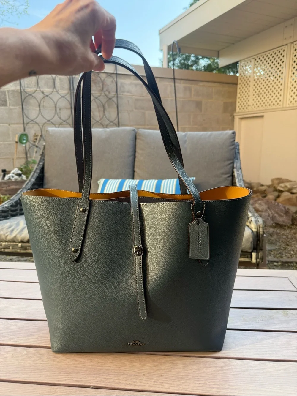 Coach Leather Market Large Tote in Denim Blue with Marigold Interior
